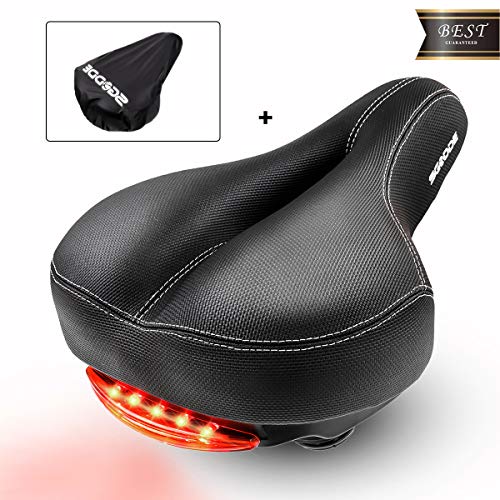 SGODDE Comfortable Men Women Bike Seat Wide Bicycle Saddle Cushion with Taillight, Memory Foam Padded Leather, Dual Shock Absorbing Universal Fit for Road Bike and Mountain Bike with Waterproof Prot