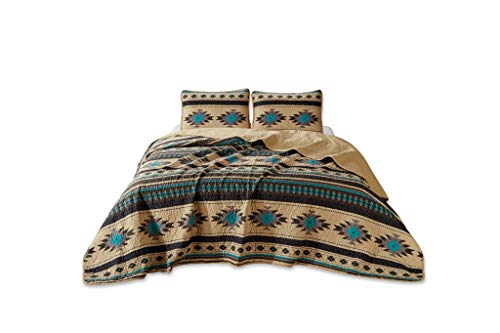 Book Cover Chezmoi Collection 3-Piece Southwestern Geometric Tribal Multicolor Teal Beige Black Gray King Quilt Bedspread Set (118