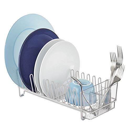 Book Cover mDesign Compact Modern Kitchen Countertop, Sink Dish Drying Rack, Removable Cutlery Tray - Drain and Dry Wine Glasses, Bowls and Dishes - Metal Wire Drainer in Light Gray with Clear Caddy