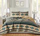 Chezmoi Collection 3-Piece Southwestern Geometric Tribal Quilt Set - Multicolor Teal Beige Black Gray Lightweight Quilted Bedspread Set, King (118" x 95")