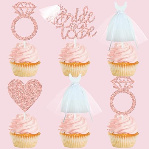 Bridal Shower Cupcake Topper, Sparkling Glitter Rose Gold Bride To Be, Diamond Ring, Wedding Dress Cupcake Toppers for Engagement Wedding Bachelorette Party Bridal Shower â€¦ (1)