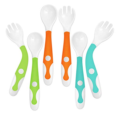 YIVEKO Baby Training Spoons Forks 2 Sets with Travel Case, Toddler Feeding Utensils Set Children Tableware Travel Set BPA Free Self-Feeding Learning Spoons Forks for Kids Pink Blue