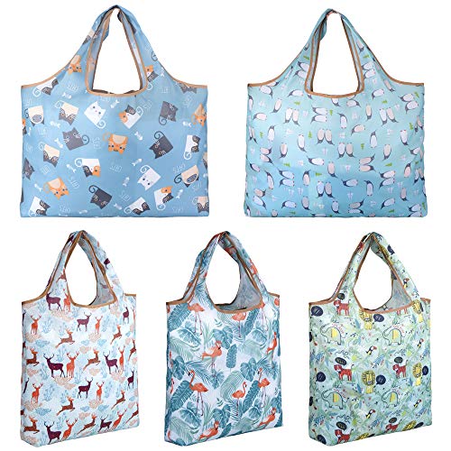 Reusable Shopping Bags, Foldable Grocery Bags, Reusable Grocery Tote Bags With Pouch Attached, Ripstop Polyester, Washable Lightweight(2 Large and 3 Medium)