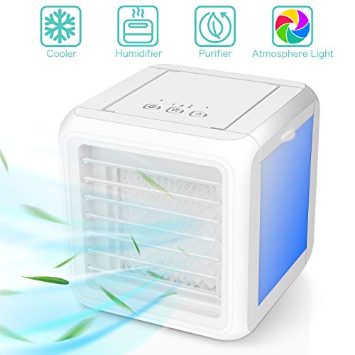 Portable Air Conditioner Fan, 3 in 1 Personal Space Air Cooler, Humidifier, Purifier, Desktop Cooling Fan Table Fan with Dual Detachable Water Tank, 7 Colors LED Lights for Home Kitchen Office Dorm