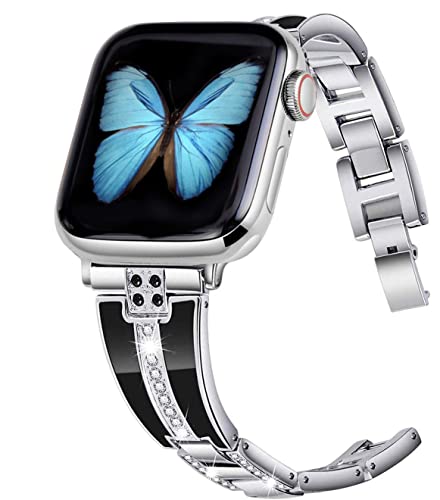 JSGJMY Bling Bands Compatible with Apple Watch Band 38mm 40mm with Case,Women Diamond Rhinestone Metal Jewelry Wristband Strap for iwatch Series 4/3/2/1, Silver