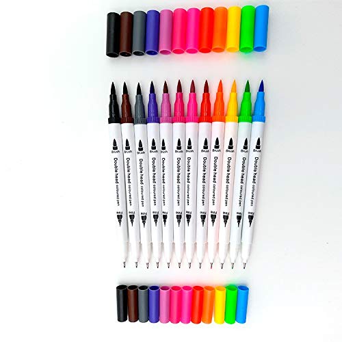 MengRan Dual Tip/Double Head/2 in 1 Caligraphy Brush Marker Pens & Porous Fineliner Pen Pastel Colored China Markers Fine Point 0.4 Drawing Pens for Art Office Supplies (12 Colors)