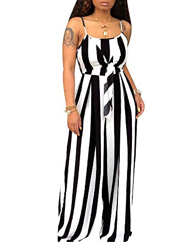 Womens Striped Wide Leg Jumpsuit - Spaghetti Strap Front Tie Party Rompers Outfits