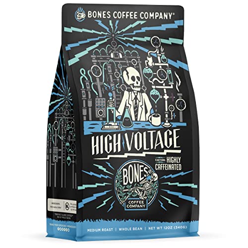 Bones Coffee Company High Voltage Ground Coffee Beans | 12 oz Highly Caffeinated Coffee | Low Acid Medium Roast Gourmet Coffee | Coffee Gifts & Beverages (Ground)