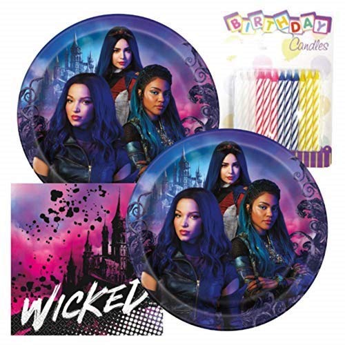 Descendants 3 Themed Party Pack – Includes Paper Plates & Luncheon Napkins Plus 24 Birthday Candles – Serves 16