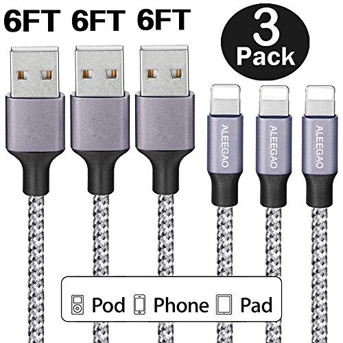 iPhone Charger,3 pack (6FT) Nylon Braided lightning Cable Syncing and Fast Cord（Gray)