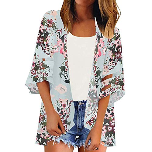 ICCUN Women Summer Casual 3/4 Sleeve Floral Print Loose Open Stitch Beach Bikini Cover-up Cardigan Light Blue