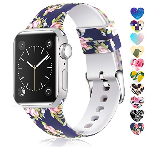 Book Cover Moretek Colorful Band Compatible for Apple Watch 38mm 42mm 40mm 44mm,Soft Silicone Sport Replacement Strap for iWatch Series 5 4 3 2 1, Nike+, Edition Women Men (Flower 13, 38/40mm)