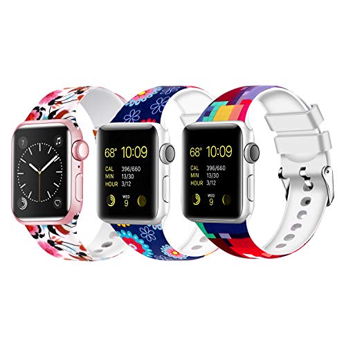 Moretek Colorful band Compatible for Apple Watch 38mm 42mm 40mm 44mm,Soft Silicone Sport Replacement Strap for iWatch Series 4 3 2 1, Nike+, Edition Women Men (Pack 3, 38/40mm)