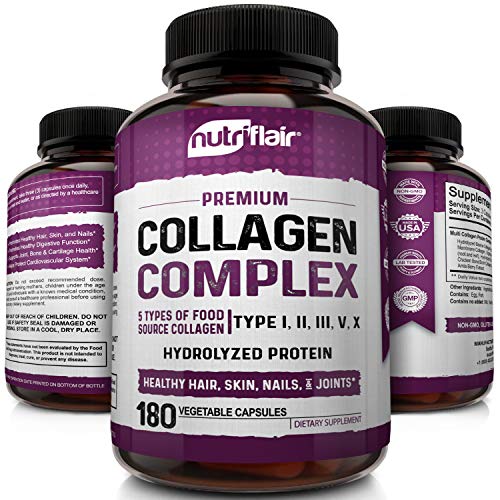 Book Cover NutriFlair Multi Collagen Peptides Pills 2250MG, 180 Capsules - Type I, II, III, V, X - Premium Collagen Complex - Hydrolyzed Protein Supplement for Anti-Aging, Healthy Joints, Hair, Skin, and Nails