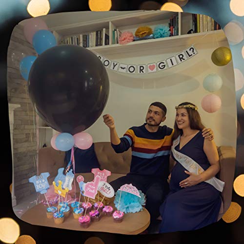 Baby Gender Reveal Party Supplies | 75 Pieces | 'Mommy to be' sash, 36 inch reveal balloon and other decorations! | Premium Quality Baby Shower Decorations Set | Boy or Girl Balloons, Banner, Photo Props, Paper Lanterns and Pom Poms