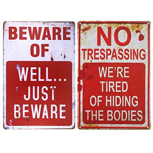 Wonderwin Beware of Well Just Beware & No Trespassing We're Tired of Hiding The Bodies 8" x 12" Retro Metal Sign Vintage Bar Decor Yard Signs - 2 PCS