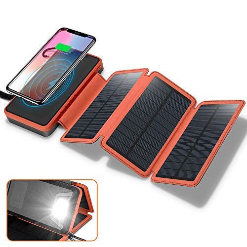 Solar Charger 20000mAh, 4.5W Wireless Charger Portable Power Bank External Battery Pack with 3 Solar Panels, Flashlight, Dual 5V/2.1A USB Port, IP65 Rainproof for Camping Hiking Fishing(Orange)