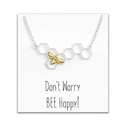 Bee Honeycomb Necklace â€“ Bumblebee Pendent Charm in Gold & Silver â€“ Donâ€™t Worry Bee Happy Message Card