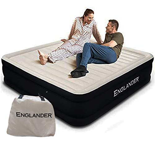 Book Cover Englander Cal King Size Air Mattress w/ Built in Pump - Luxury Double High Inflatable Bed for Home, Travel & Camping - Premium Blow Up Bed for Kids & Adults - Black