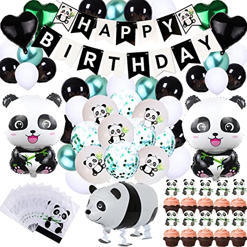 77Pcs Cute Panda Party Supplies for Girls Panda Happy Birthday Banner Panda Balloons Cupcake Toppers Goodie Bags for Kids Boys Girls Panda Theme Birthday Party Baby Shower Party Favor Decorations