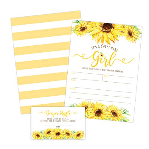 Sunflower Girl Baby Shower Invitations, Yellow Floral Baby Shower Invites with Diaper Raffles Cards, Sprinkle, 20 Invites