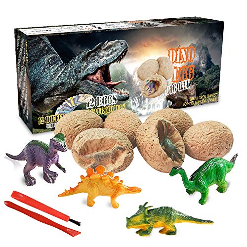 Dinosaur Toys, Dino Egg Dig Kit Kids Gifts - Break Open 12 Unique Dinosaur Eggs and Discover 12 Cute Dinosaurs - Easter Archaeology Science STEM Kids Toys for Age 6+Years Old Boys Girls Gifts