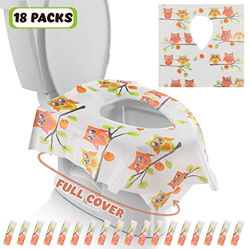 Gimars XL Large Full Cover Disposable Travel Toilet Potty Seat Covers - Individually Wrapped Portable Potty Shields for Adult, The Pregnant, Kids and Toddler Potty Training, 18 Packs (Owl Design)
