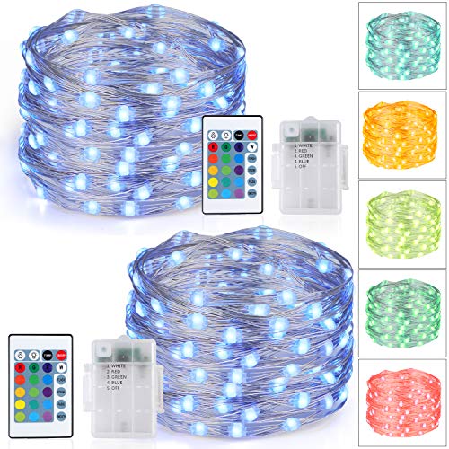 Speclux 16.4ft LED RGB String Lights Battery Powered with Remote Control, 16 Colors Changing Fairy Lights , 4 Lighting Modes & Timer for Indoor Outdoor Illumination Decoration, Silver Wire 2Pack