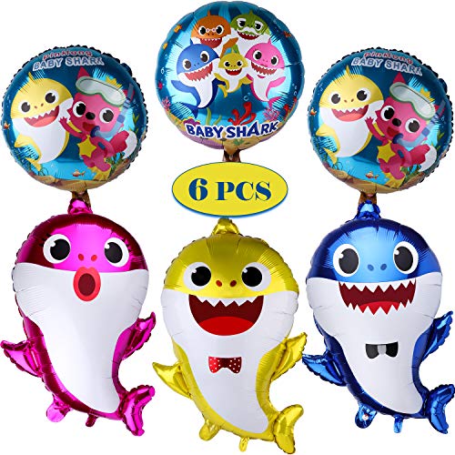 Tinabless Baby Cute Shark Party Supplies, Shark Balloons for Baby Birthday Decorations Children Birthday Doo Doo Party Balloons Set (6 Pcs)