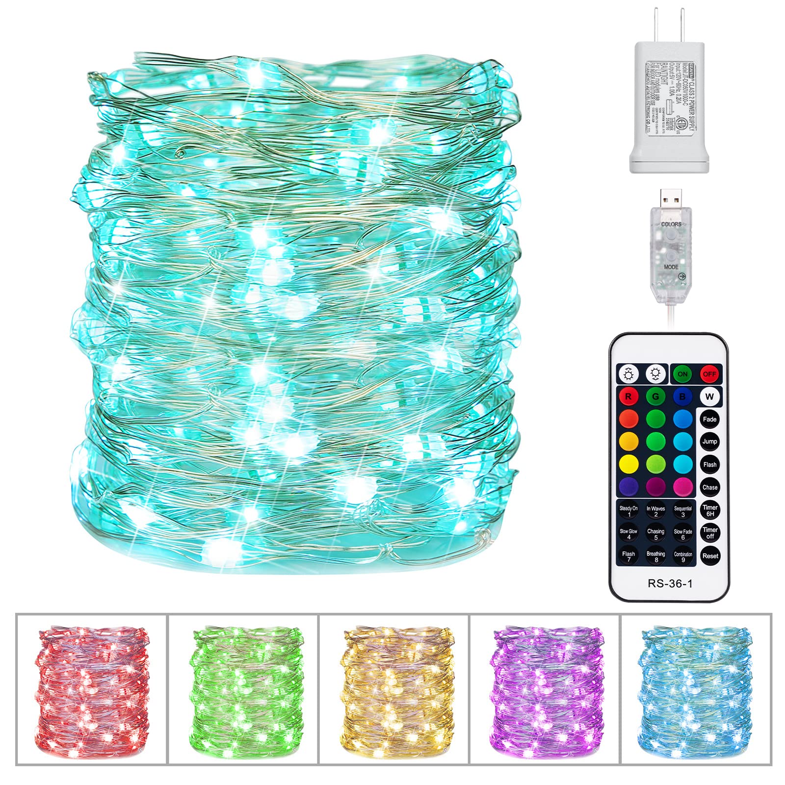 Color Changing Fairy String Lights - 33 ft 100 LED USB Silver Wire Lights with Remote and Timer, Starry Fairy Lights for Bedroom Party Craft Indoor Christmas Decoration, 16 Colors, Adapter Included 33FT - 16 Colors