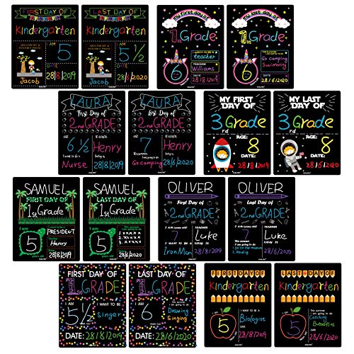 First Day of School & Last Day of School Signs for 8x10 Picture Frame, DIY Back to School Photo Porp Signs for Boys and Girls Chalk Marker Erasable 8 Assortment Designs - 16 Pcs