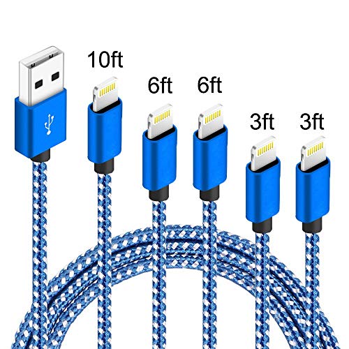 5Pack(3ft 3ft 6ft 6ft 10ft) iPhone Lightning Cable Apple Certified Braided Nylon Fast Charger Cable Compatible iPhone Max XS XR 8 Plus 7 Plus 6s 5s 5c Air iPad Mini iPod (Blue White)