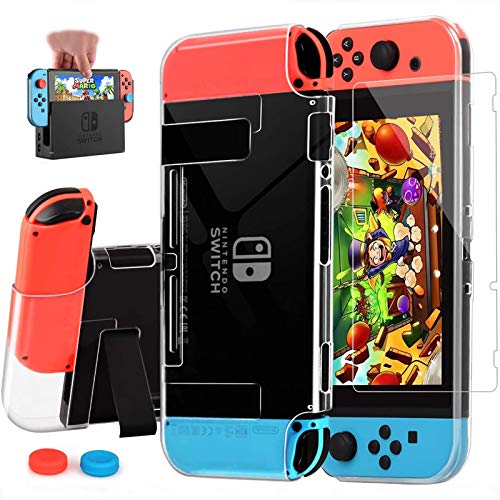Book Cover AISITIN Compatible with Nintendo Switch Case Dockable Clear Protective Case Cover for Nintendo Switch and Joy-Con Controller with a Switch Tempered Glass Screen Protector and Thumb Stick Caps