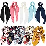 ANBALA Satin Ribbon Scrunchies Set, 10 Pcs Long Bow Hair Accessories - 5 Floral and 5 Solid Color Scrunchies with Tails for Women and Girls