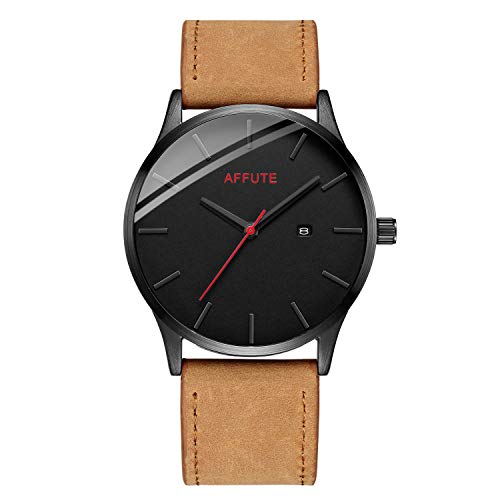 Men's Quartz Analog Wrist Watch Brown Leather Date Business Classic Dress Wrist Watch in Red Hand