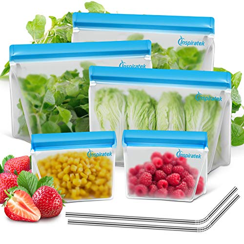 Book Cover Reusable Storage Bags (Stand-Up EXTRA THICK Set of 5) + Stainless Steel Straws, BPA Plastic Free Leakproof Ziplock Food Baggies, Bag for Sandwich Snack or Kids Lunch, Freezer Safe Zip Top Containers