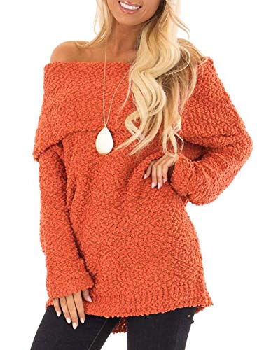 Sidefeel Women Off Shoulder Long Sleeve Fuzzy Pullover Popcorn Knit Sweater Tops