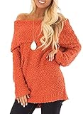 Sidefeel Women Off Shoulder Long Sleeve Fuzzy Pullover Popcorn Knit Sweater Tops