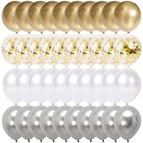 Gold Confetti White Silver Balloons, 50pcs 12 inch Party Balloons for Wedding Engagement Birthday Graduation Supplies