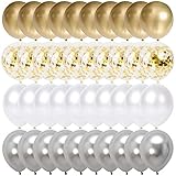 Gold Confetti White Silver Balloons, 50pcs 12 inch Party Balloons for Wedding Engagement Birthday Graduation Supplies