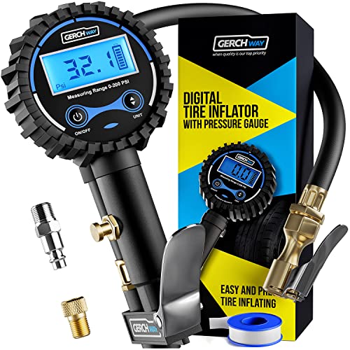 Book Cover Digital Tire Inflator with Pressure Gauge and Longer Hose, Air Chuck with Gauge for Air Compressor - 200PSI
