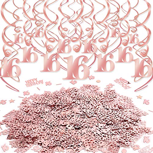 Konsait 16th Birthday Decor Rose Gold Hanging Swirls Decoration Star 16 Happy Birthday Table Confetti for Girls Birthday Party Favor Supplies Decoration Home Table Decor