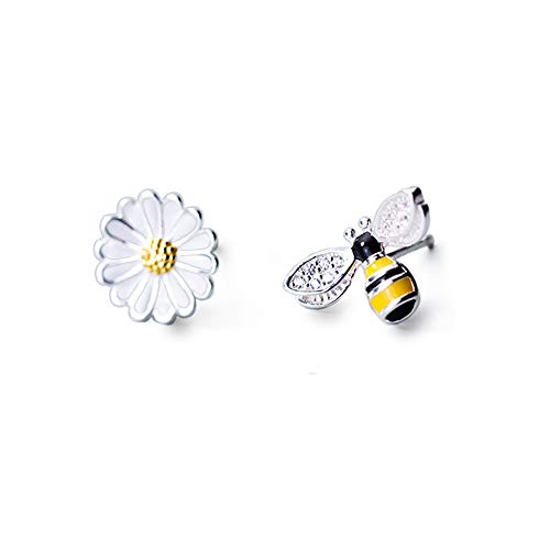 Honey Bee and Dasiy Flower Stud Earrings Sterling Silver Irregular Sweet Earring Studs Ear Piercing Personality for Women Teen Girls