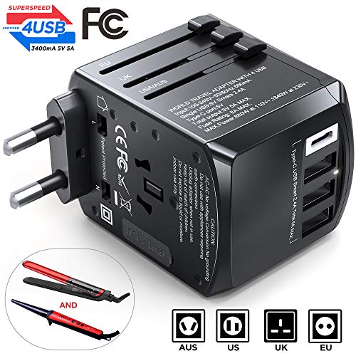 Gimars Travel Adapter, Upgrade True 1840W Stable International European Power Plug Adapter, Worldwide All in One Universal Wall Charger with Type C A G I 4 USB Port for US EU UK AU Asia 200 Countrie