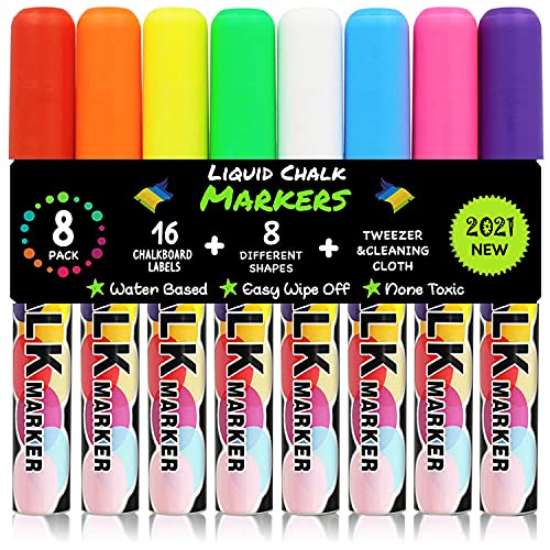 Chalk Markers, Erasable Chalkboard Marker Pens for Menu Board Signs, Non-toxic Premium Liquid Chalk Markers Neon Pens for Decor, 8 Packs Non-Toxic Window Glass Markers Washable , 16 Labels, Paint Marker Pens for Car Paint Kids Art DIY Halloween