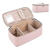 BAGSMART Large Makeup Bag Organizer,Double-Layer Travel Cosmetic Case with Acrylic Mirror,Makeup Train Case with Adjustable Dividers Women Cosmetics Makeup Brushes Toiletries
