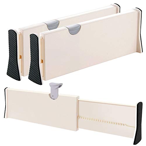 Drawer Dividers Organizer 2 Pack, Adjustable Separators 4" High Expandable from 11-17" for Bedroom, Bathroom, Closet,Clothing, Office, Kitchen Storage, Strong Secure Hold, Foam Ends, Locks in Place