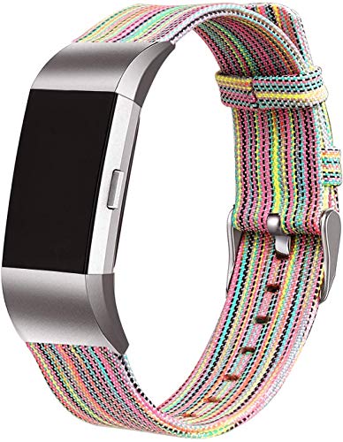 Book Cover bayite Canvas Fabric Bands Compatible with Fitbit Charge 2, Soft Classic Replacement Woven Straps Wristband Women Men, Rainbow Large