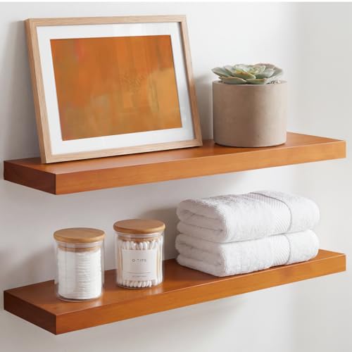 Homeforia Rustic Farmhouse Floating Shelves, Bathroom Wooden Shelves for Wall Mounted, Thick Industrial Kitchen Wood Shelf - 24 x 6.5 x 1.75 inch - Set of 2 - Special Walnut Color