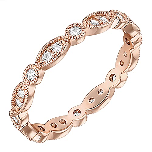 PAVOI 14K Rose Gold Plated Rings Cubic Zirconia Band | Round Milgrain Eternity Bands | Rose Gold Rings for Women Size 7